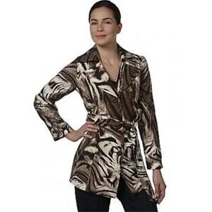 Susan Graver Women Size L Animal Print Zebra Black Grey Lined Jacket Boho